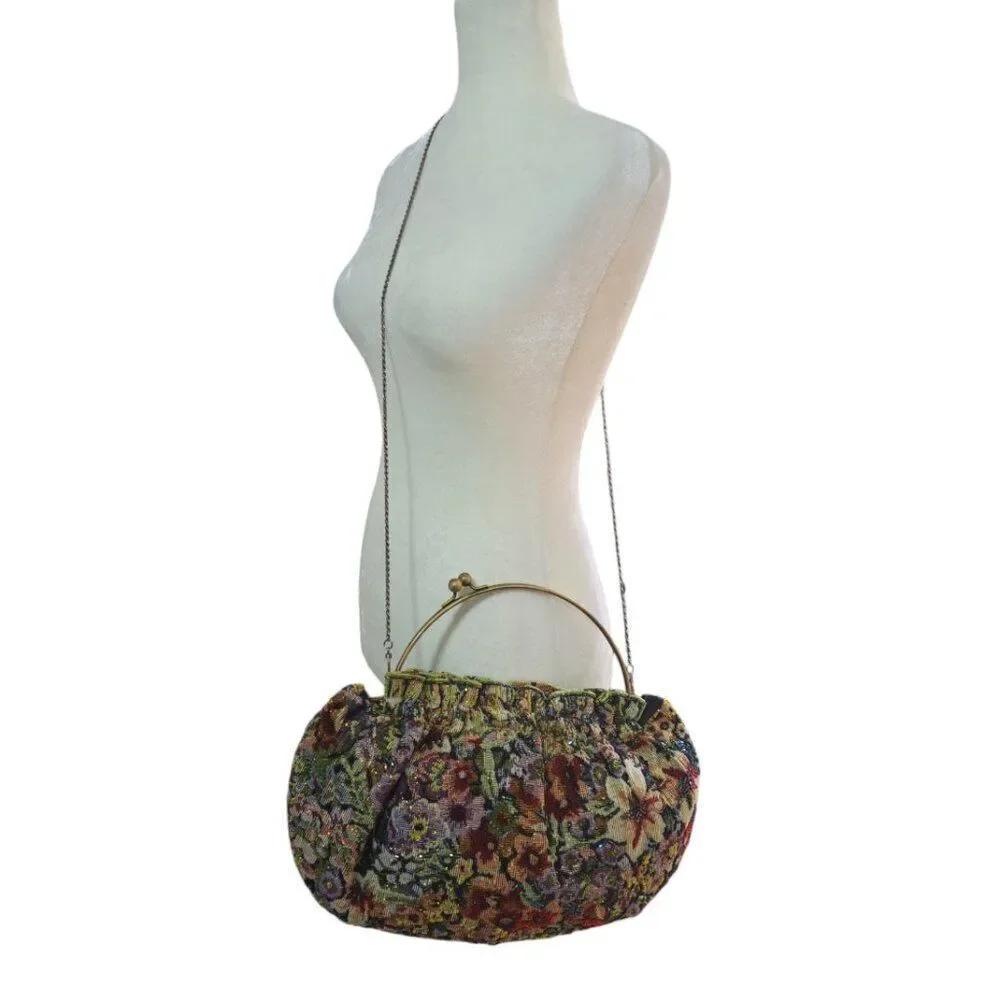 Women's Vintage Tapestry Beaded Floral Multi Color Bag Purse Kiss Lock